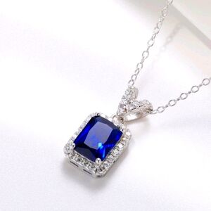 Sterling Silver Necklace With Royal Blue Cubic Zirconia Gemstone